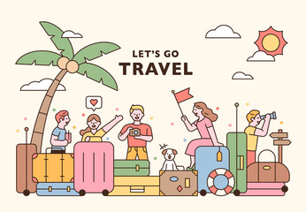 Wall Mural - vacation travel concept banner poster. the suitcases are piled up and people are having fun. flat de