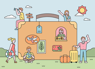 Wall Mural - people on vacation around big suitcases. there is a sticker on the suitcase and a man is listening t