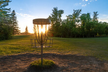 Disc golf target on an early summer evening. Room for copy	
