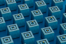 Abstract Blue And Gold Cubes On Blue Background