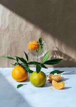 Still Life Of Mandarin Oranges With Leaves