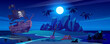 Pirate ship moored on island with treasure at night. Chest with gold and shovel under full moon, filibuster loot on sea beach with palm trees. Adventure book or game scene, Cartoon vector illustration