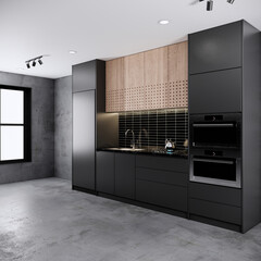 Wall Mural - modern loft style kitchen interior design, room apartment concept 3d background