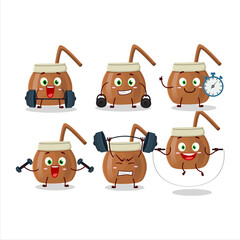 Sticker - A healthy mate tea cartoon style trying some tools on Fitness center