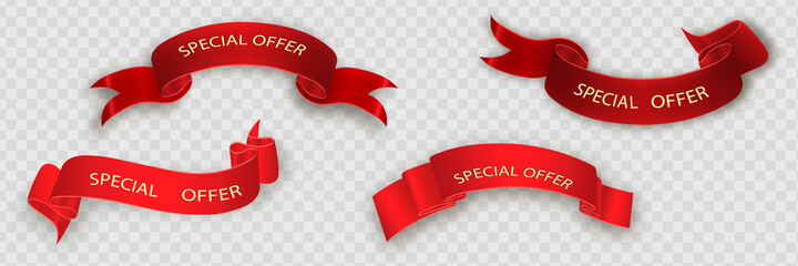 Special offer vector ribbon.Red scroll. Banner sale tag. Market special offer discount.