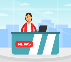 Wall Mural - Female Journalist Reporting News and Information on Television Broadcast Vector Illustration