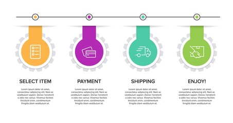 Concept of shopping process with 4 successive steps. Four colorful graphic elements. Timeline design for brochure, presentation, web site. Infographic design layout.