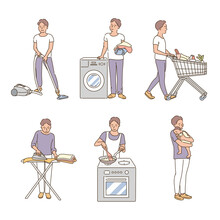 A Man Is Doing Housework. Hand Drawn Style Vector Design Illustrations. 
