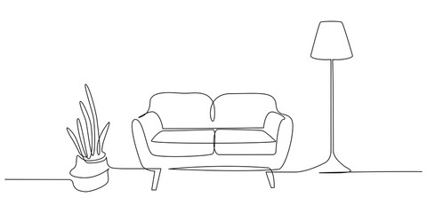 Aufkleber - Continuous one line drawing of Sofa with lamp lampshade and home plant. Modern and furniture in simple Linear style. Doodle vector illustration