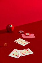 Detail Of Games, Poker Cards, Money Chips And Dice