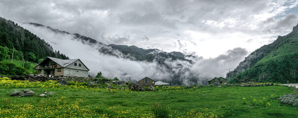 Wall Mural -  Fog in the mountains. Spring scenic landscape in the Caucasus