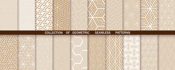 Geometric set of seamless gold and white patterns. Simple vector graphics