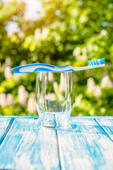 Wall Mural - Toothbrush stands in a glass on a natural background 