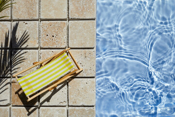 Swimming pool and empty resting chair with shadow. Top view.