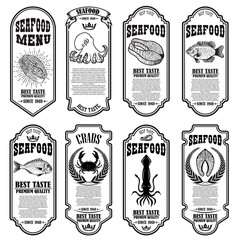 Wall Mural - Set of seafood flyers with fish. Fish meat. Squid, crab, octopus. Design element for poster, banner, card. Vector illustration