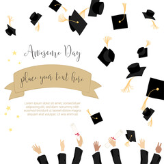 Wall Mural - College graduation day card illustration design with hands holding diploma and throwing graduation caps