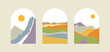 Mountains, sun, moon, sunset, desert, hills minimalist design. Abstract landscape illustrations