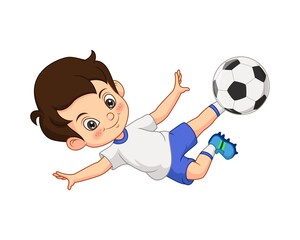 Cartoon little boy playing soccer