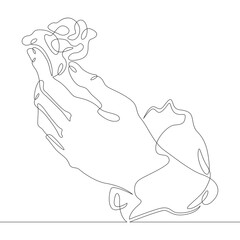 Wall Mural - Palm hand hold a flower bud.One continuous line.Flower petals.One continuous drawing line logo isolated minimal illustration.