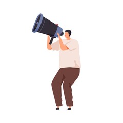 Person announcing important information with megaphone. Invitation, announcement, notification or warning concept. Man speaking with loudspeaker. Flat vector illustration isolated on white background