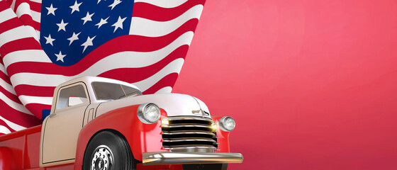 4th of July, vintage truck Firework for Independence Day and  American flag for Memorial Day on red Background. Right Side Copy Space - 3d Rendering