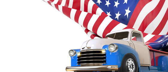 Wall Mural - 4th of July, vintage truck Firework for Independence Day and  American flag for Memorial Day, isolate on white Background. Left Side Copy Space - 3d Rendering