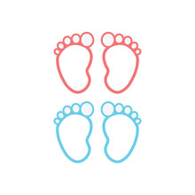 Children's Footprints On A White Background Male And Female Blue And Pink Color Line Design. Vector Illustration