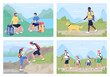 Trekkers in countryside flat color vector illustration set. Family exploring scenic trails. Different backpackers 2D cartoon characters with panoramic wilderness on background collection