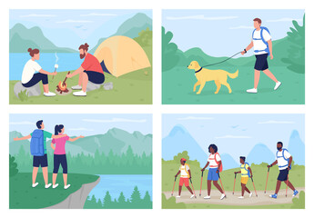 Wall Mural - leisure activity outdoors flat color vector illustration set. walking on trails, resting in nature. 