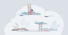 Aspiration To Reach High Goals And Business Targets Tiny Person Concept. Climbing Above Clouds As Big Dreams And Career Opportunities Symbol Vector Illustration. Personal Development And Leader Growth