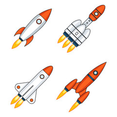 Lineart outline space rocket start up launch innovation development technology icons design set template vector illustration