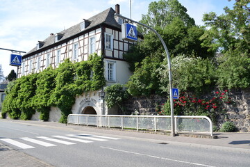 Poster - bewachsenes Fachwerkhaus am Rhein