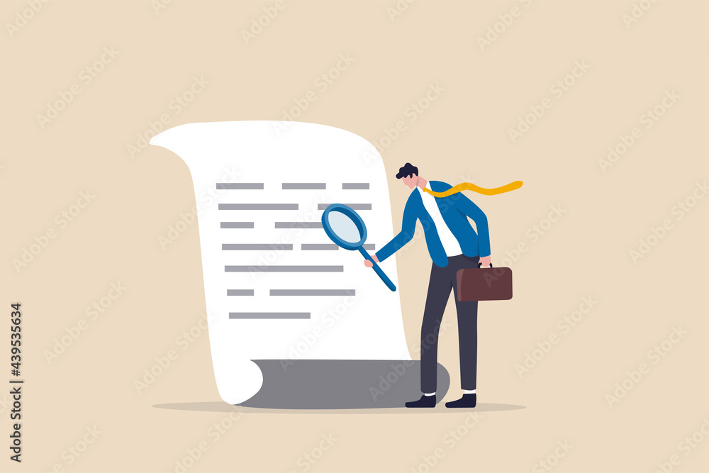 Document checking, agreement or contract validation, financial or budget analysis, search for document files concept, businessman manager holding big magnifying glass checking document paper. - obrazy, fototapety, plakaty 