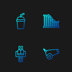 Sticker - Set line Cannon, Attraction carousel, Paper glass with water and Roller coaster. Gradient color icons. Vector