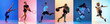 Leinwandbild Motiv Collage of different professional sportsmen, fit people isolated on color background. Flyer.
