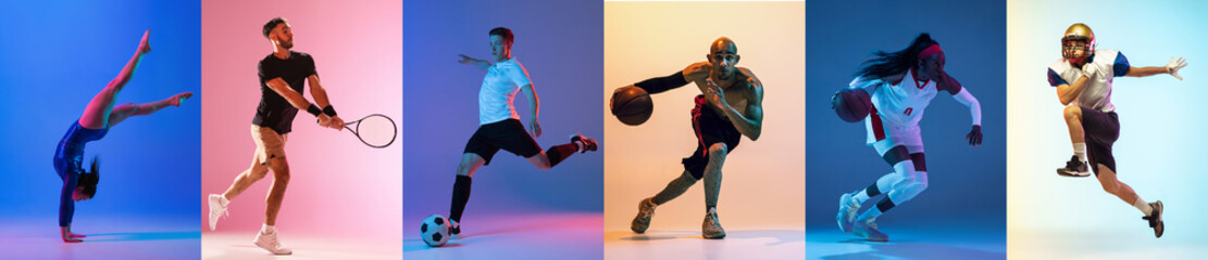 collage of different professional sportsmen, fit people isolated on color background. flyer.
