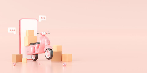 Wall Mural - E-commerce concept, Delivery service on mobile application, Transportation or food delivery by scooter, 3d illustration