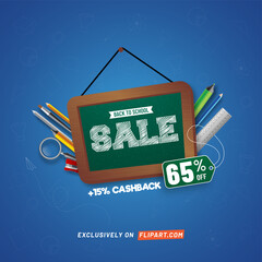 Sticker - Back To School Sale Poster Design With 65% Discount Offer And Educational Elements On Blue Background.