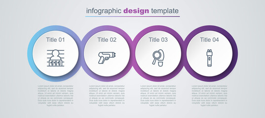 Sticker - Set line Suspect criminal, Police electric shocker, Footsteps and . Business infographic template. Vector