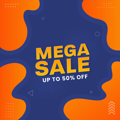 Wall Mural - up to 50% off for mega sale poster design in orange and blue color.