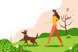 Woman walking with the dog in the Park in spring. The concept of an active lifestyle, outdoor recreation. Cute illustration in flat style.