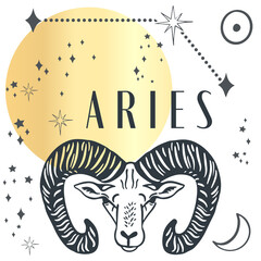 Trendy zodiac aries boho magical  art symbol or label. Horoscope sign line art silhouette design vector illustration. Creative decorative elegant astrology zodiac emblem template for logo