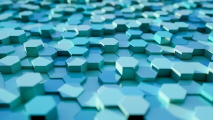 Canvas Print - Blue hexagon modules in random waving motion. 4K seamless loop. Abstract technology, data and engineering motion background.