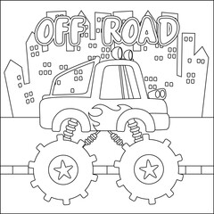 Vector illustration of monster truck with cartoon style. Childish design for kids activity colouring book or page.