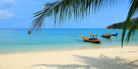 Poster - long tail boat, in white sand beach in the andaman sea