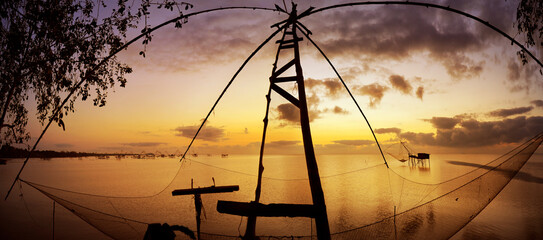 Wall Mural - fish net farm at phattalung in thailand