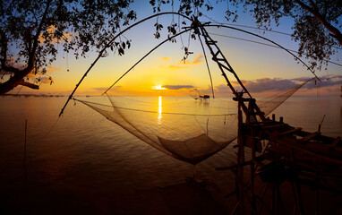 Wall Mural - fish net farm at phattalung in thailand