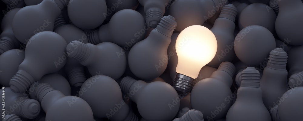 Big ideas. Illuminated light bulb among the rest of the unlit bulbs.  - obrazy, fototapety, plakaty 