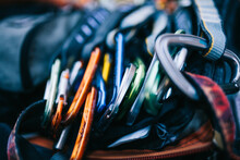 Collection Of Colorful Carabiners With Rope