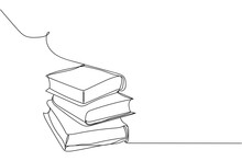 Continuous One Line Of Stack Of Books In Silhouette On A White Background. Linear Stylized.Minimalist.
